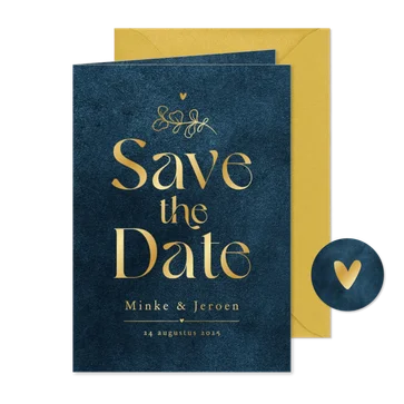 Save the date trouwkaart velvet blauw goud sierlijk
